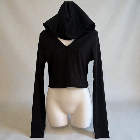 Forever 21 Ribbed Black Cropped Hoodie Top | Size L | Excellent Condition - Picture 1 of 7